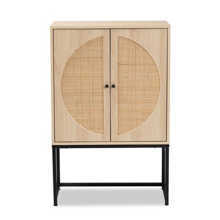 Baxton Studio Ardon Bohemian Light Brown Finished Wood and Black Metal 2-Door Storage Cabinet with Natural Rattan 196-12077-ZORO